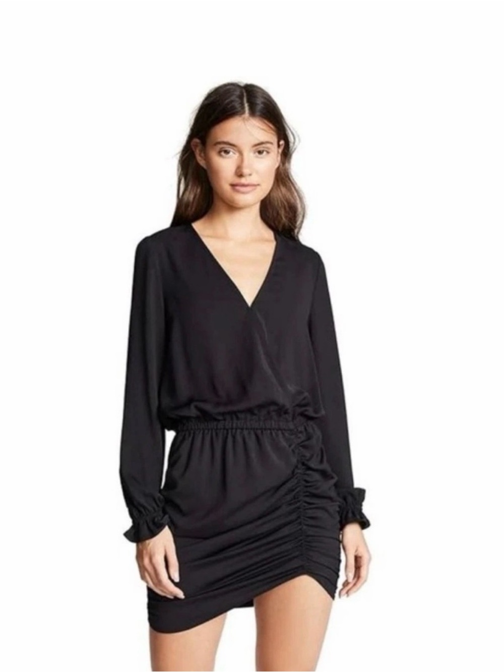 Ramy Brook Alec Black Ruched V-Neck Mini Dress M Long Sleeve LBD